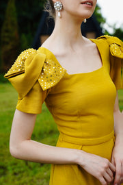 Váy Vàng Tay Nơ Châu Âu